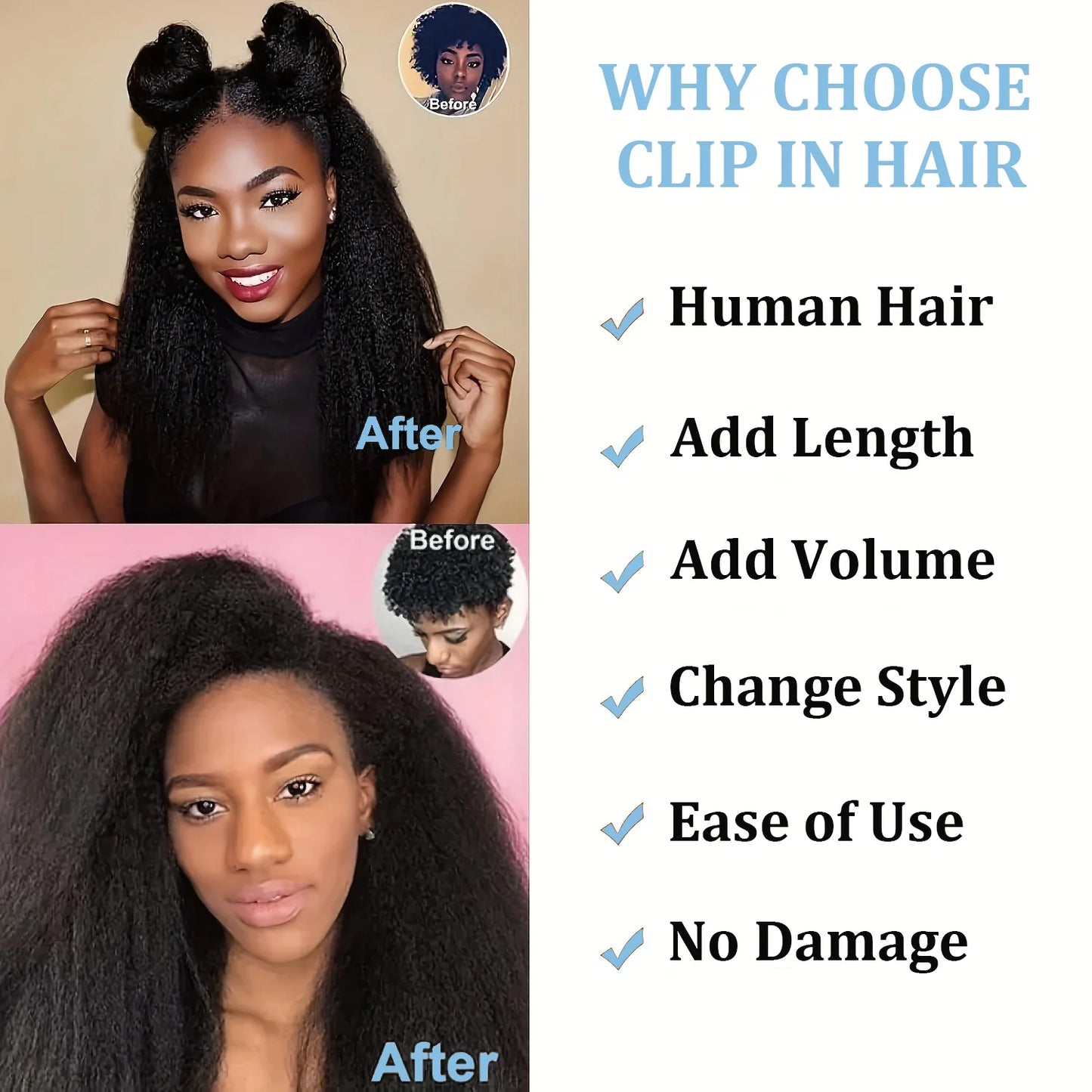 Kinky Straight Clip-In Hair Extensions – 100% Real Human Hair, Natural Black, 8 Pcs/120g, Full Head Brazilian Remy