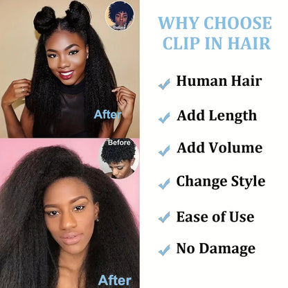 Kinky Straight Clip-In Hair Extensions – 100% Real Human Hair, Natural Black, 8 Pcs/120g, Full Head Brazilian Remy