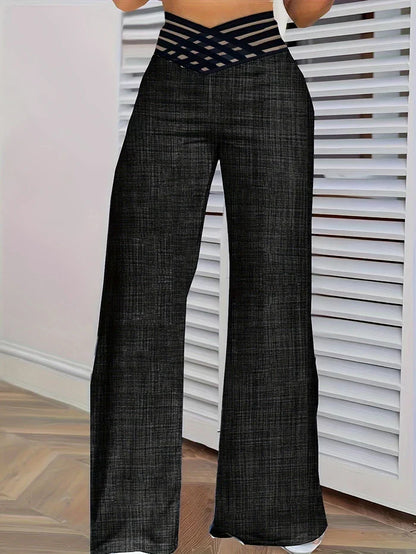 2024 Women’s Wide Leg Flared Pants – Y2K High Waist Crisscross Sheer Mesh Casual Streetwear Trousers