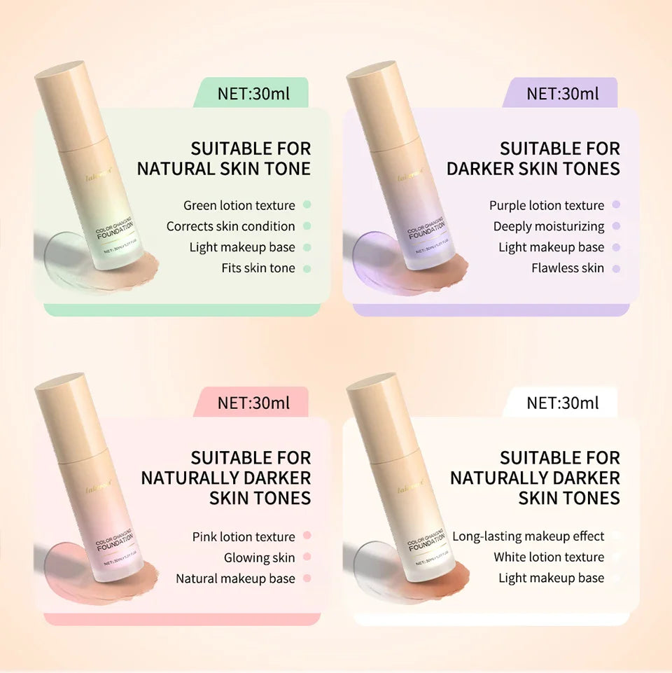 Color-Changing 4-in-1 Foundation – Moisturizing SPF 30+ Longwear Waterproof Makeup Base for Hydrating Travel Coverage