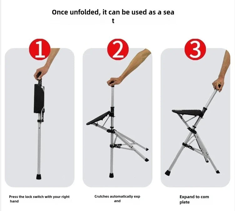2-in-1 Portable Folding Cane & Chair — Quick-Fold Walking Stick with Built-In Seat and Three Legs