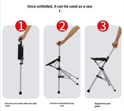 2-in-1 Portable Folding Cane & Chair — Quick-Fold Walking Stick with Built-In Seat and Three Legs