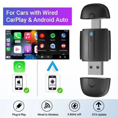 2025 New 2-in-1 Wired to Wireless CarPlay & Android Auto Adapter – Mini Plug & Play Dongle with Auto Connect, Bluetooth & WiFi