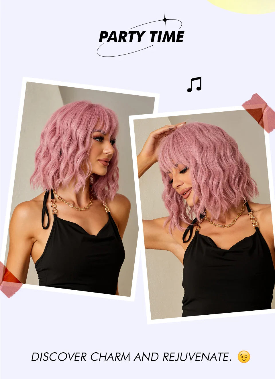 CharmSource Pink BOBO Short Synthetic Wig for Women — Natural Wave, High-Density, Heat-Resistant Hair for Daily & Party