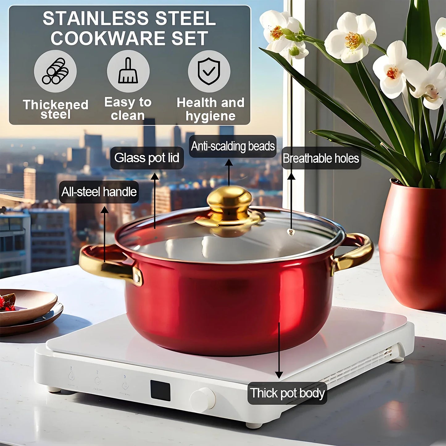 12-Piece Red Cookware Set – Stainless Steel Non-Stick Kitchen Cookware Collection