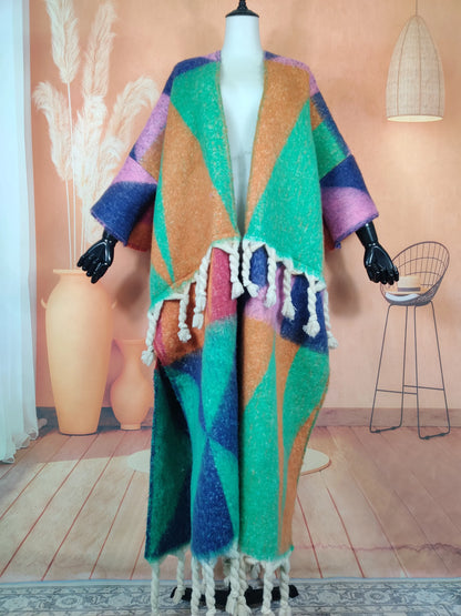 Fashion American Blogger Winter Open Front Cardigan – Oversized Warm Fuzzy Multicolor Wool Duster Coat, Soft and Stylish for Women