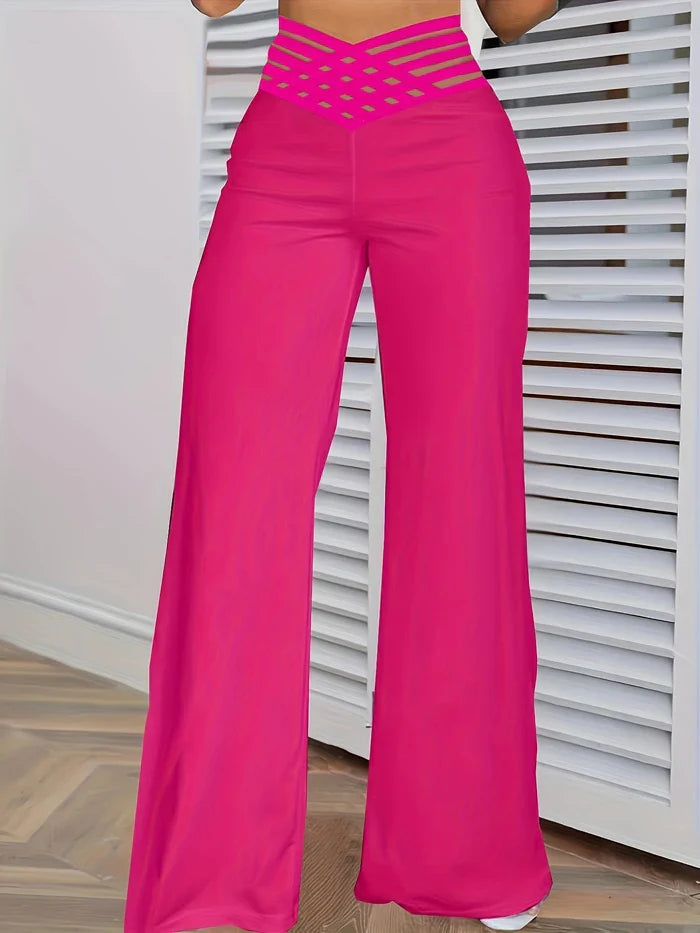 2024 Women’s Wide Leg Flared Pants – Y2K High Waist Crisscross Sheer Mesh Casual Streetwear Trousers