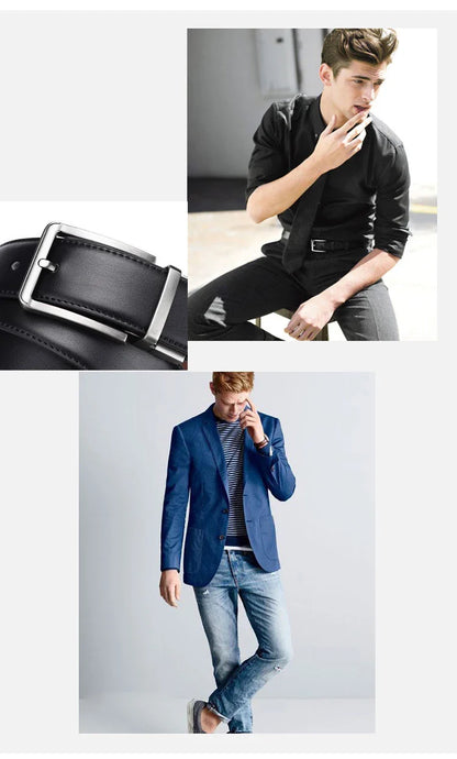 Men’s Genuine Leather Double-Sided Belt – Luxury Retro Pin Buckle with Laser Engraving (High Quality)