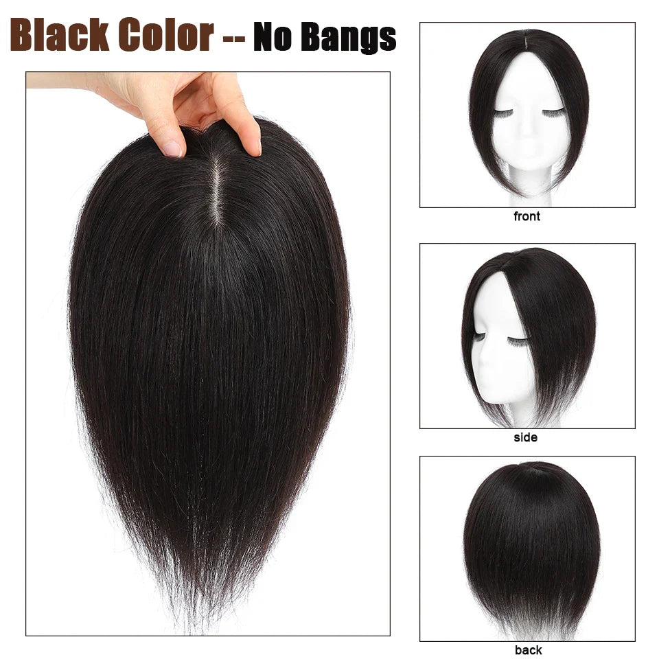 Dazzeal Human Hair Topper – 100% Real Straight Hair, Lace Base, Clip-In with Bangs, 10x12cm, 360° Coverage