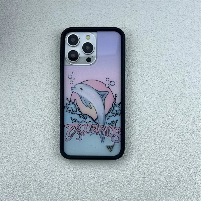 Wildflower Cute Animal Cartoon Phone Case for iPhone 16 Pro Max/16/15 Pro/15/14 Plus/13 Pro/12 Pro – Cherry, Dolphin & Swan Print Design