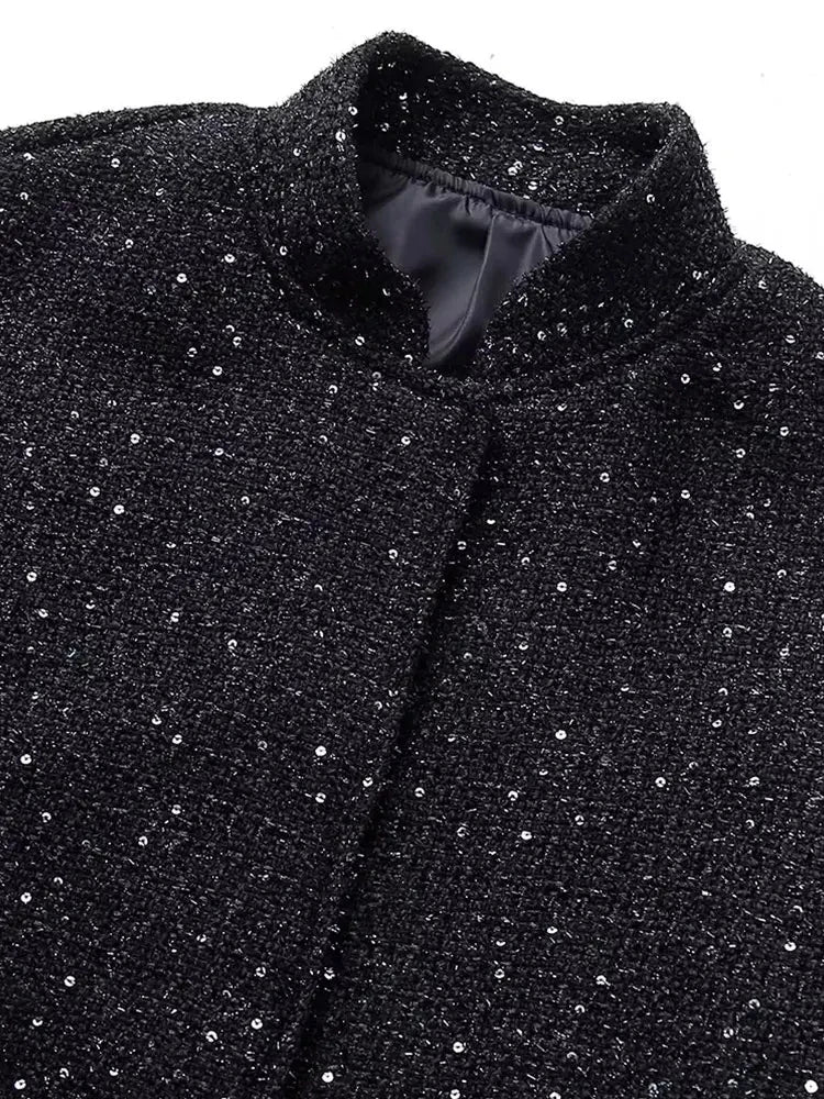 Nlzgmsj Women's Shiny Sequin Jacket – Y2K Gold Stand Collar Long Sleeve Short Coat, Autumn/Winter High Streetwear