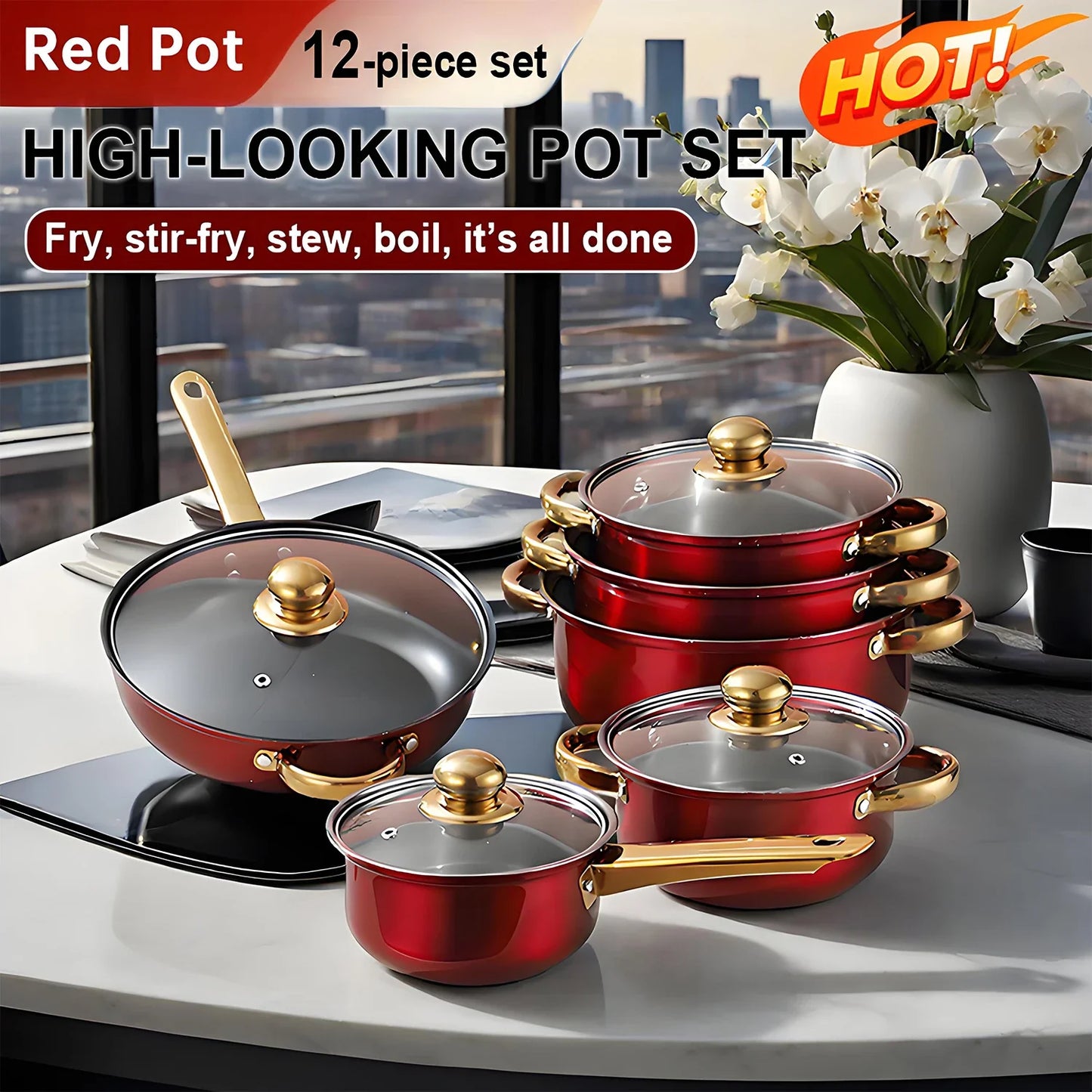 12-Piece Red Cookware Set – Stainless Steel Non-Stick Kitchen Cookware Collection