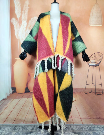 Fashion American Blogger Winter Open Front Cardigan – Oversized Warm Fuzzy Multicolor Wool Duster Coat, Soft and Stylish for Women