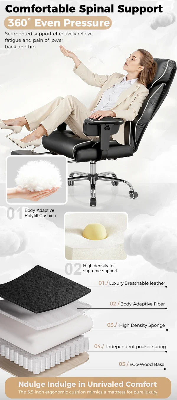 COMHOMA Big & Tall Office Chair – 400lbs High Back Leather Executive Chair with Ergonomic Lumbar Support & Pocket Spring Cushion