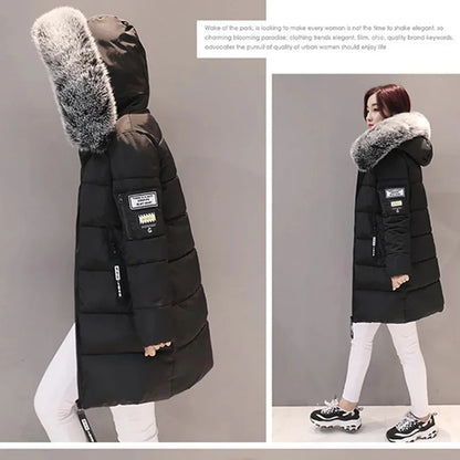 Women's Winter Parka – Fur Collar Hooded Long Jacket, Slim Fit, Warm & Thick with Letter Patch & Zipper Pockets