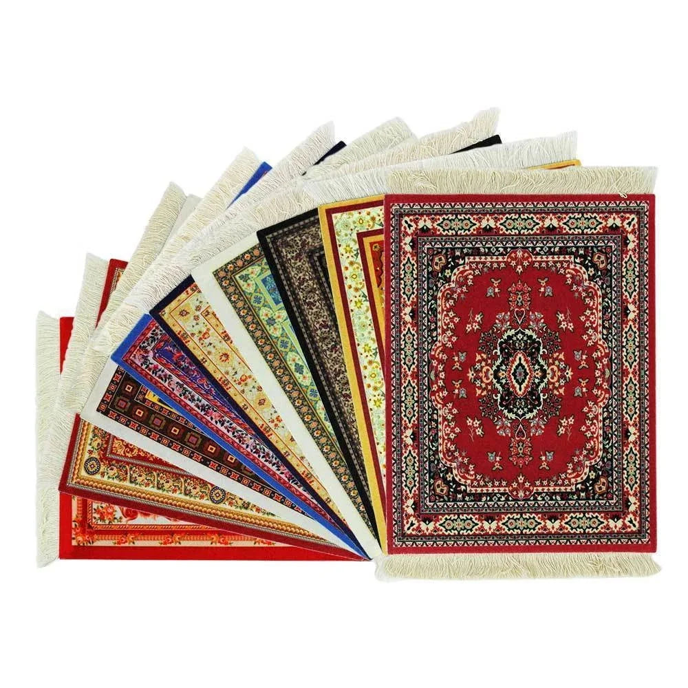 Persian Mini Woven Rug Mousepad - Retro Style Carpet Pattern Cup Laptop PC Mouse Pad with Fringe - Home Office Table Decor Craft
