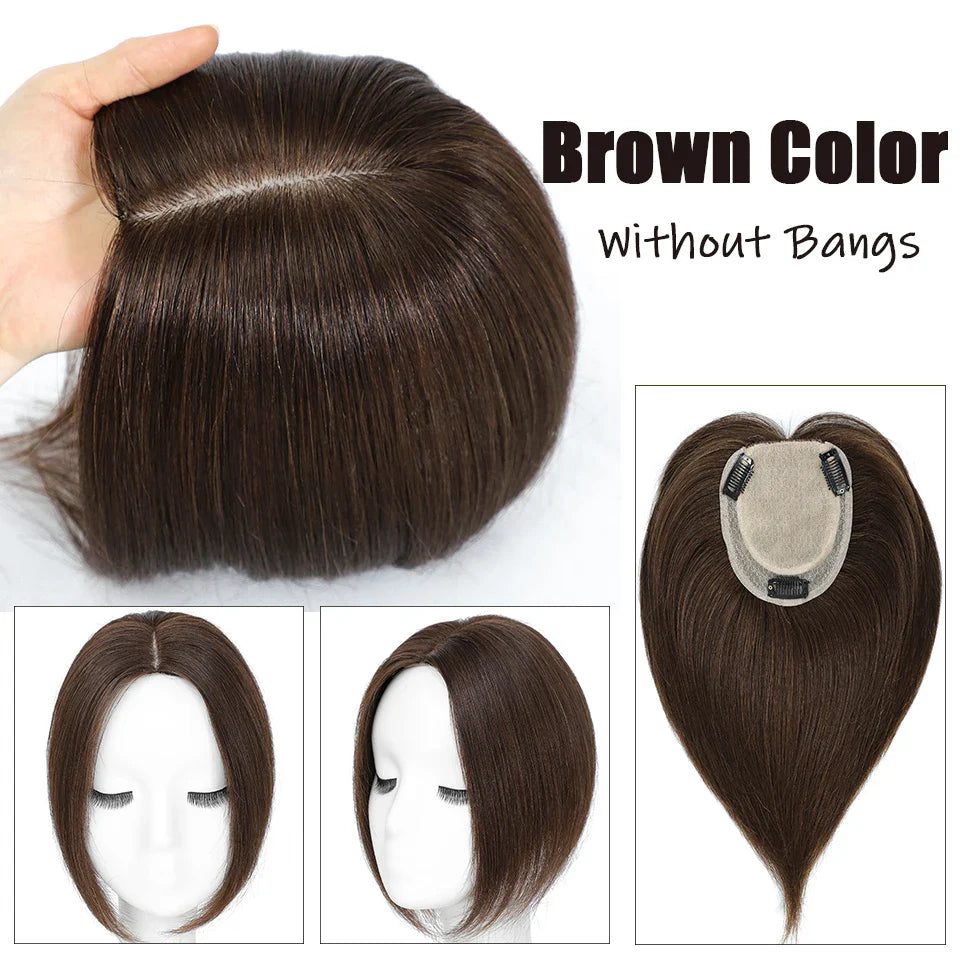 Dazzeal Human Hair Topper – 100% Real Straight Hair, Lace Base, Clip-In with Bangs, 10x12cm, 360° Coverage