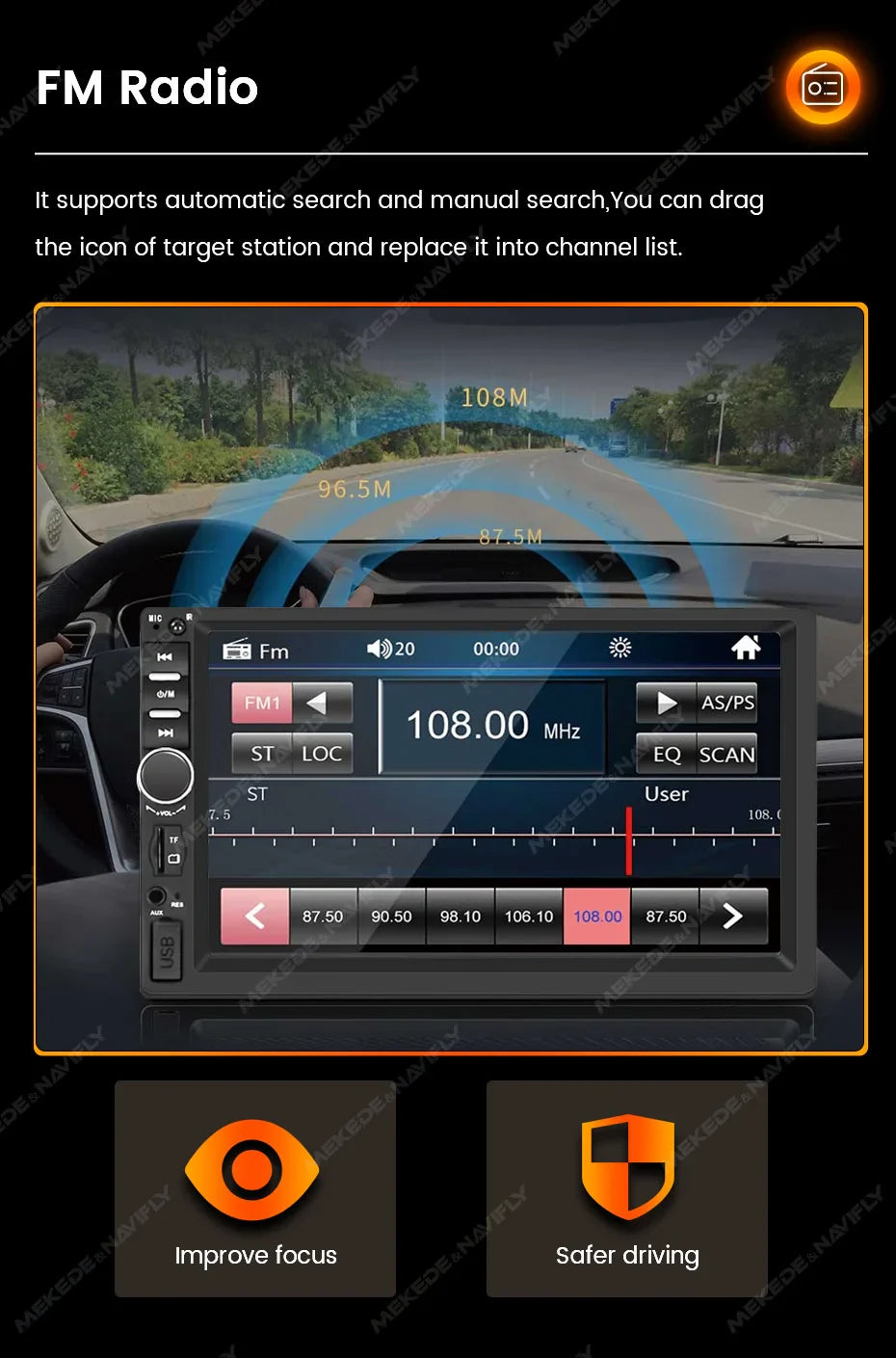 Navifly 7-Inch HD Touchscreen Car Multimedia Player – Universal 2 DIN, CarPlay, FM, Bluetooth for Toyota, Honda, VW, Corolla, Camry, Rav4