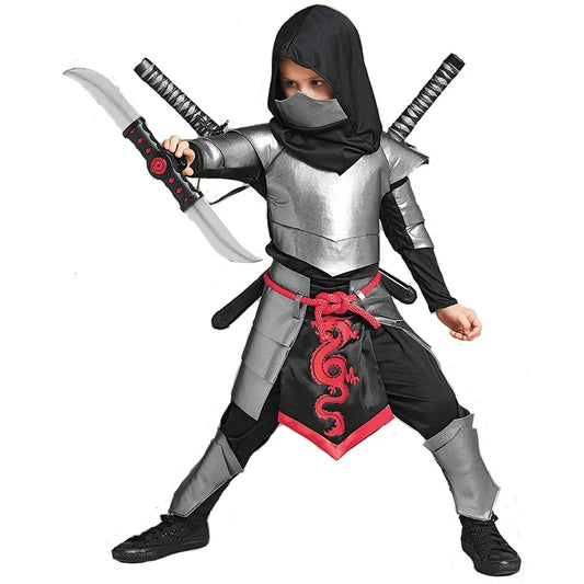2025 Kids Dragon Ninja Costume – Silver Ninja Halloween Cosplay Outfit for Boys