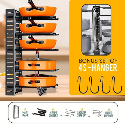 8-Tier Metal Pot Rack Organizer – Durable Space-Saving Cabinet Holder for Pots, Pans & Lids
