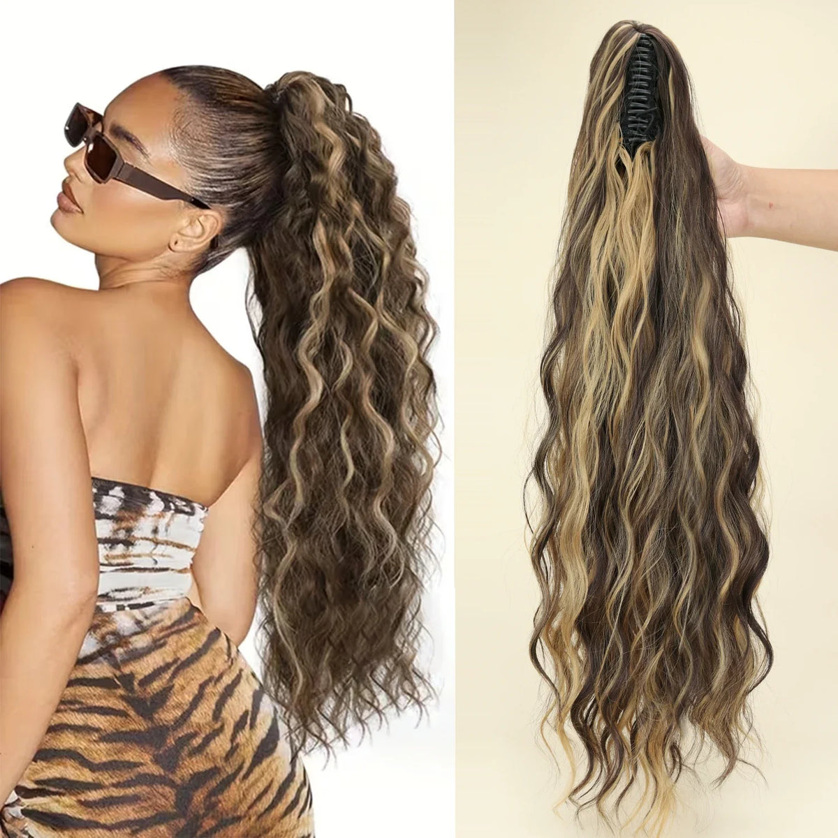 Synthetic Water Wave Claw Clip Ponytail Hair Extension – Black & Blonde, Heat-Resistant Fluffy Messy Style for Women