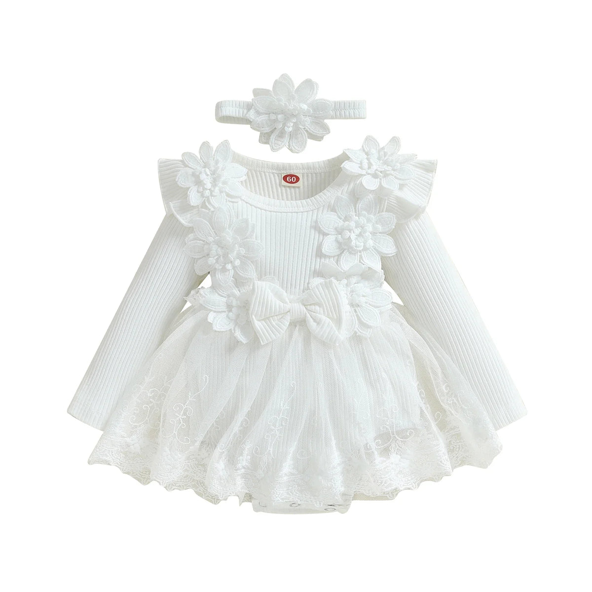 3D Flower Baby Girls’ Romper - Princess Mesh Lace Ruffle Bodysuit Dress with Headband