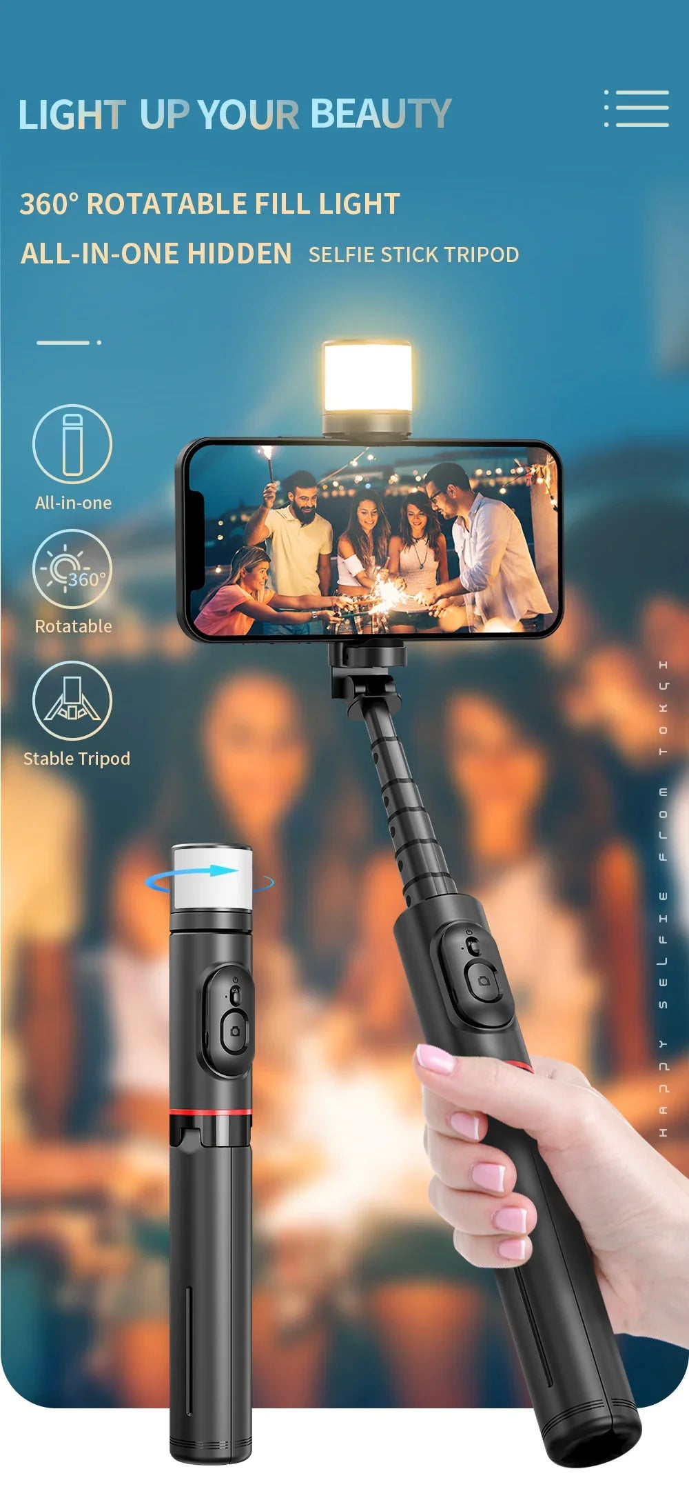 Roreta Portable Wireless Bluetooth Selfie Stick Tripod with Fill Light – Telescopic for iPhone 13, Huawei, Xiaomi & Android Phones