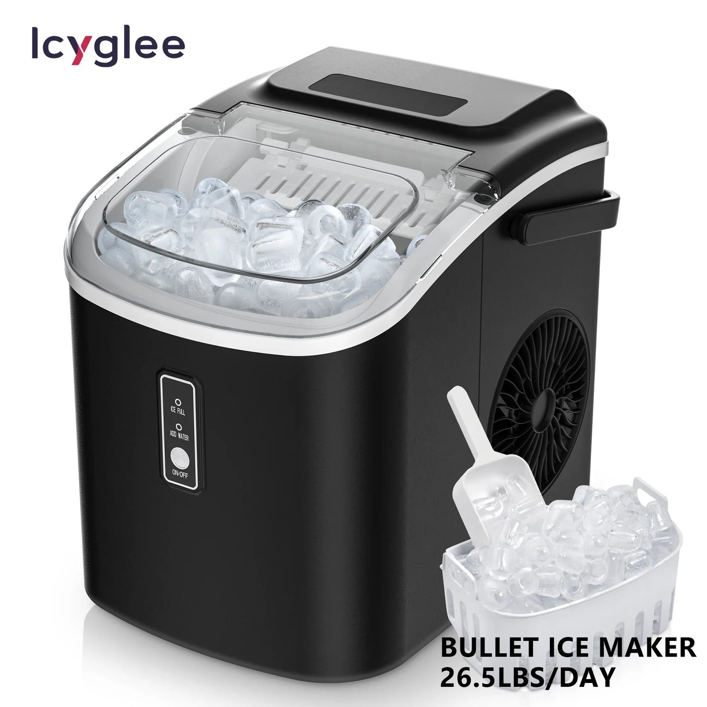 ICYGLEE Portable Ice Maker – 26.5lbs/Day, 9 Cubes in 6 Mins with Auto-Cleaning for Home & Camping