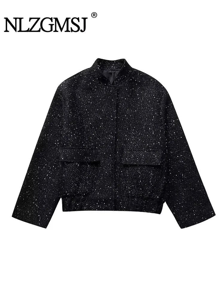 Nlzgmsj Women’s Shiny Sequin Jacket – Y2K Gold Stand Collar Short Coat, Autumn Winter High Streetwear