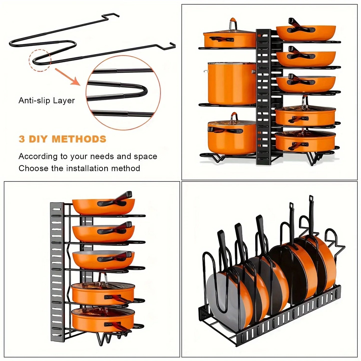 8-Tier Metal Pot Rack Organizer – Durable Space-Saving Cabinet Holder for Pots, Pans & Lids