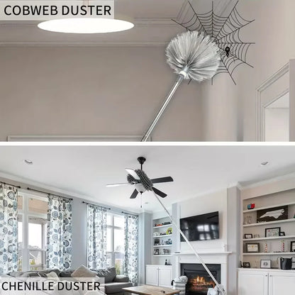 4-in-1 Extendable Microfiber Duster - Washable Bendable Feather Duster with 2.8-9.3 ft Stainless Steel Pole