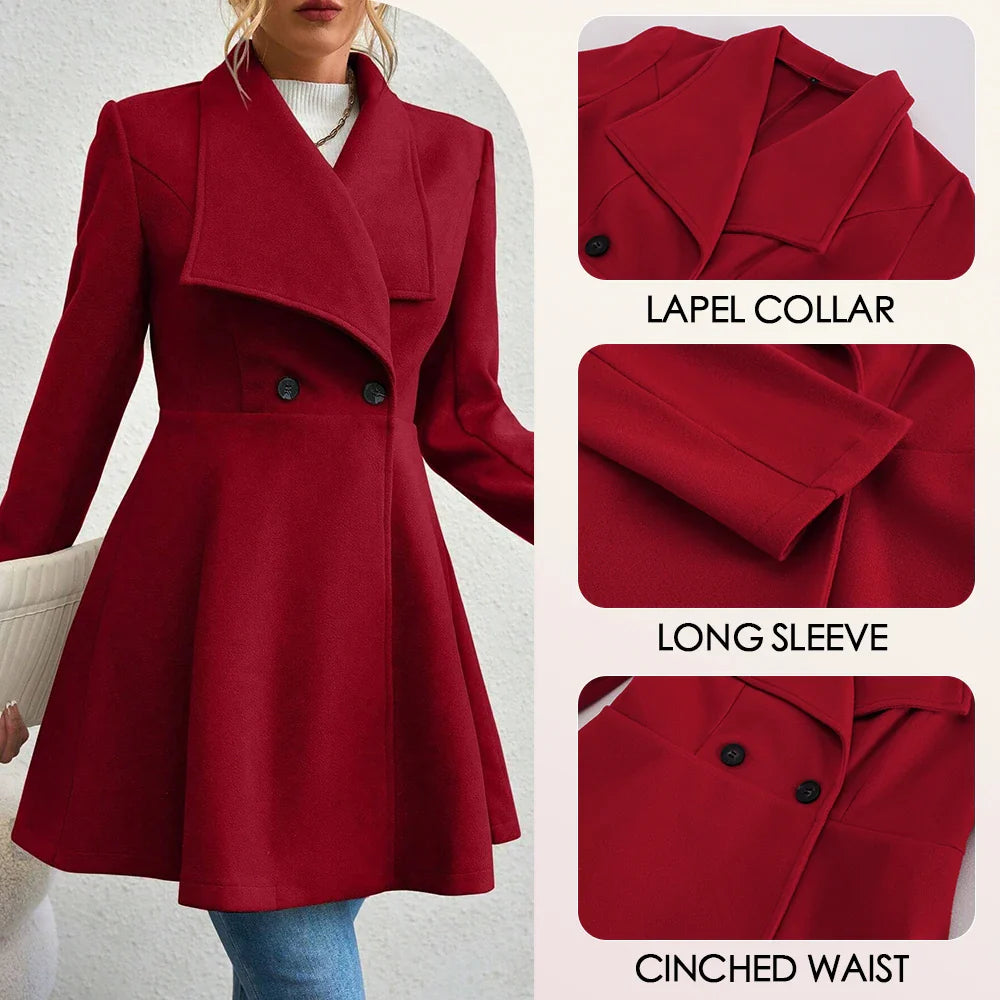 Mia Muse Women's Red Winter Coat – Long Sleeve Lapel Button-Up Work Outerwear for New Year & Valentine's Day Gift