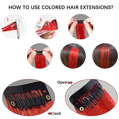 3-Piece Colorful Stripe Hair Extensions - Long Straight Synthetic Clip-In Hair Pieces for Parties & Halloween