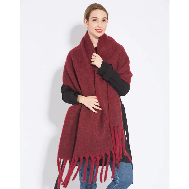 Luxury Cashmere Scarf for Women - Thickened Warm Shawl with Classic Tassels, Soft Solid Color Wrap for Autumn and Winter