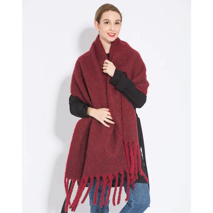 Luxury Cashmere Scarf for Women - Thickened Warm Shawl with Classic Tassels, Soft Solid Color Wrap for Autumn and Winter