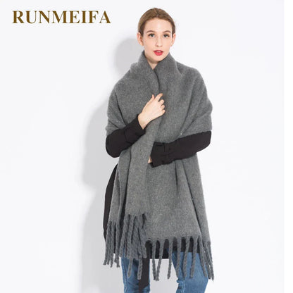 Luxury Cashmere Scarf for Women - Thickened Warm Shawl with Classic Tassels, Soft Solid Color Wrap for Autumn and Winter