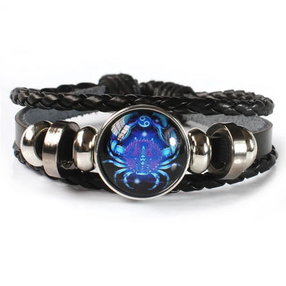 12 Zodiac Signs Constellation Charm Bracelet - Luminous Multilayer Weave Leather Bangle for Men & Women, Birthday Gift