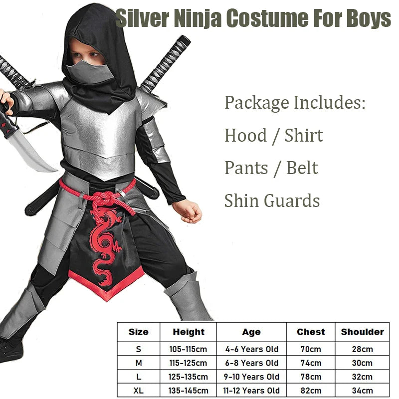 2025 Kids Dragon Ninja Costume – Silver Ninja Halloween Cosplay Outfit for Boys