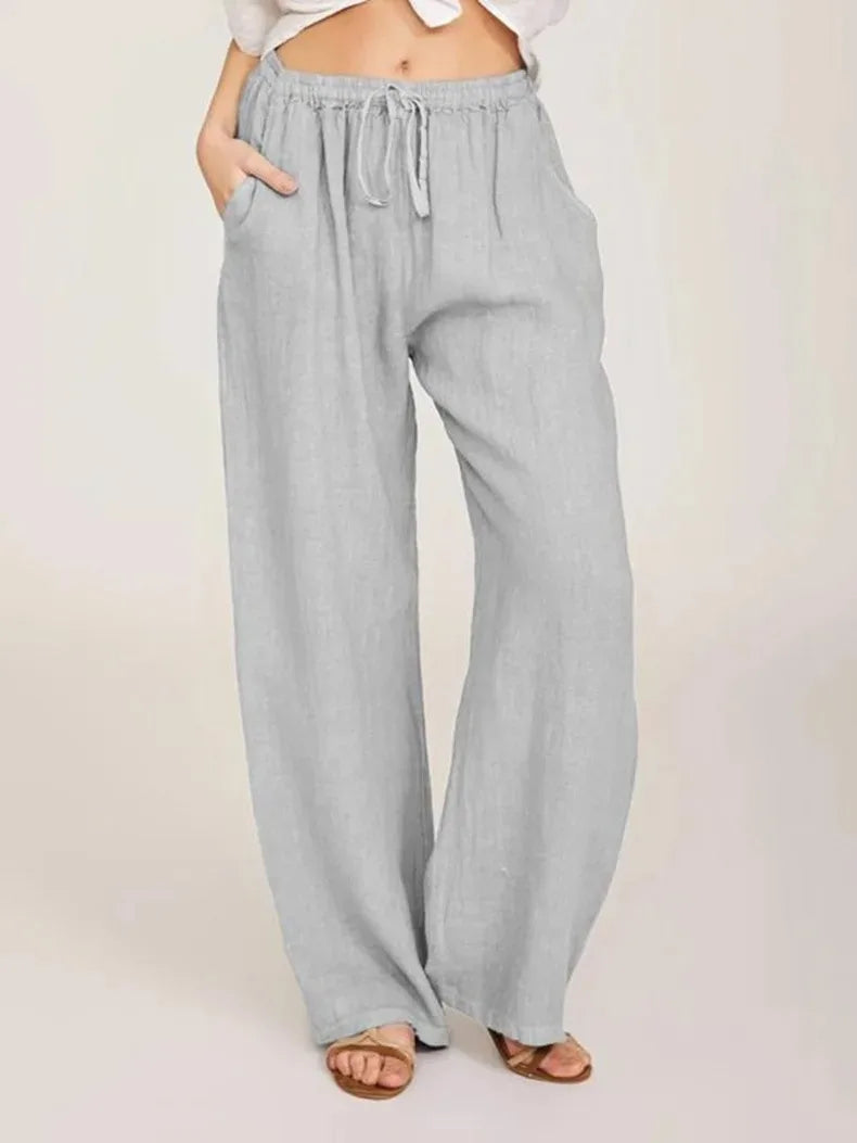 Women’s Cotton Linen Wide Leg Pants – Casual Loose Fit Elastic Waist Pocket Straight Trousers Oversized Streetwear