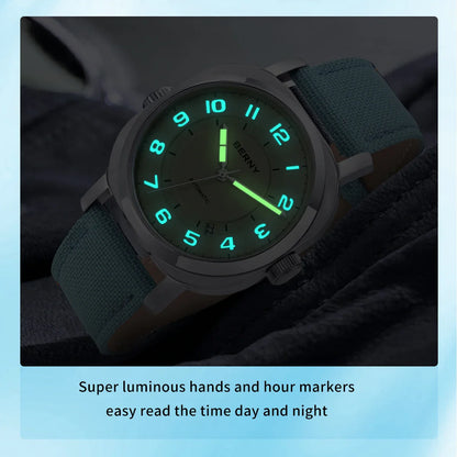BERNY Women’s Mechanical Watch — Self-Wind Pillow Cushion Design with Sapphire Crystal, Super Luminous Display, Canvas Strap, and Calendar Function
