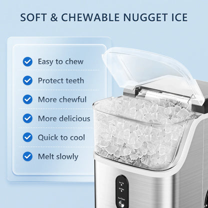 SIMZLIFE Nugget Ice Maker Countertop – 34lbs/Day Portable Ice Machine with Basket, Scoop & Self-Cleaning, Silver
