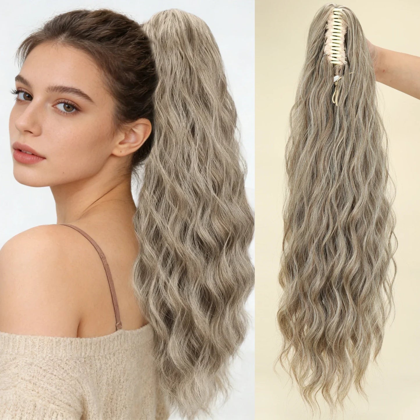 Synthetic Water Wave Claw Clip Ponytail Hair Extension – Black & Blonde, Heat-Resistant Fluffy Messy Style for Women