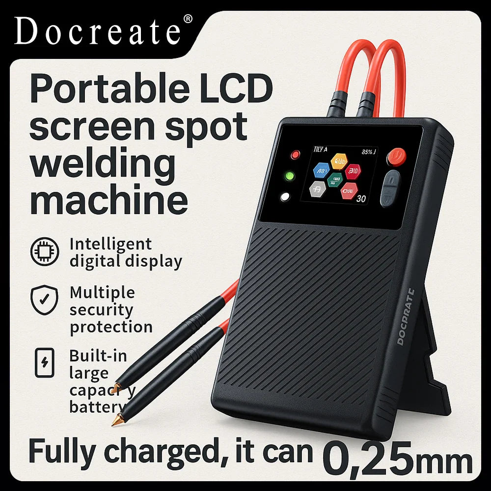 DOCREATE TK-10A Portable Spot Welder 1200A – LCD Display, 8000mAh Battery, Dual Pulse Welding for 0.25mm Nickel Strip