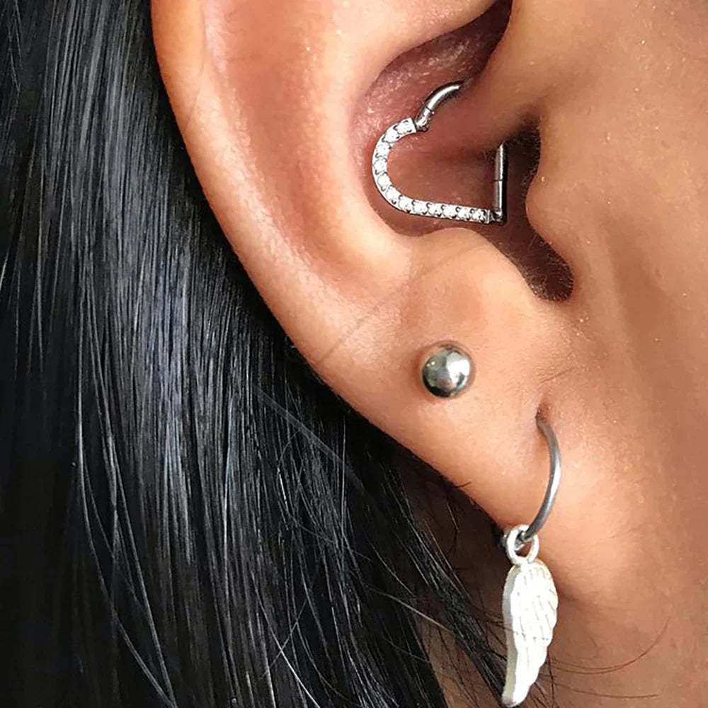 Right Grand ASTM F136 Titanium Daith Heart Hoop Earring – Hinged Segment Ring with Clear CZ for Cartilage, Tragus & Helix Piercing Jewelry