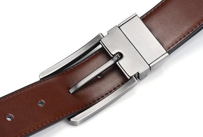 Men’s Genuine Leather Double-Sided Belt – Luxury Retro Pin Buckle with Laser Engraving (High Quality)