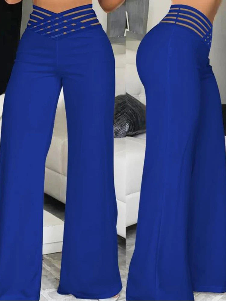 Stay on Trend: Women's Autumn Wide Leg Flared Pants with Crisscross Sheer Mesh Patch - High Waist Y2K Streetwear for an Elegant Work Look