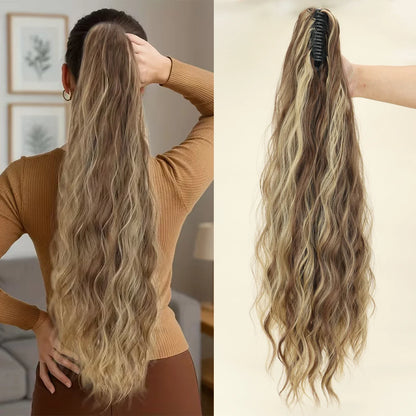 Synthetic Water Wave Claw Clip Ponytail Hair Extension – Black & Blonde, Heat-Resistant Fluffy Messy Style for Women