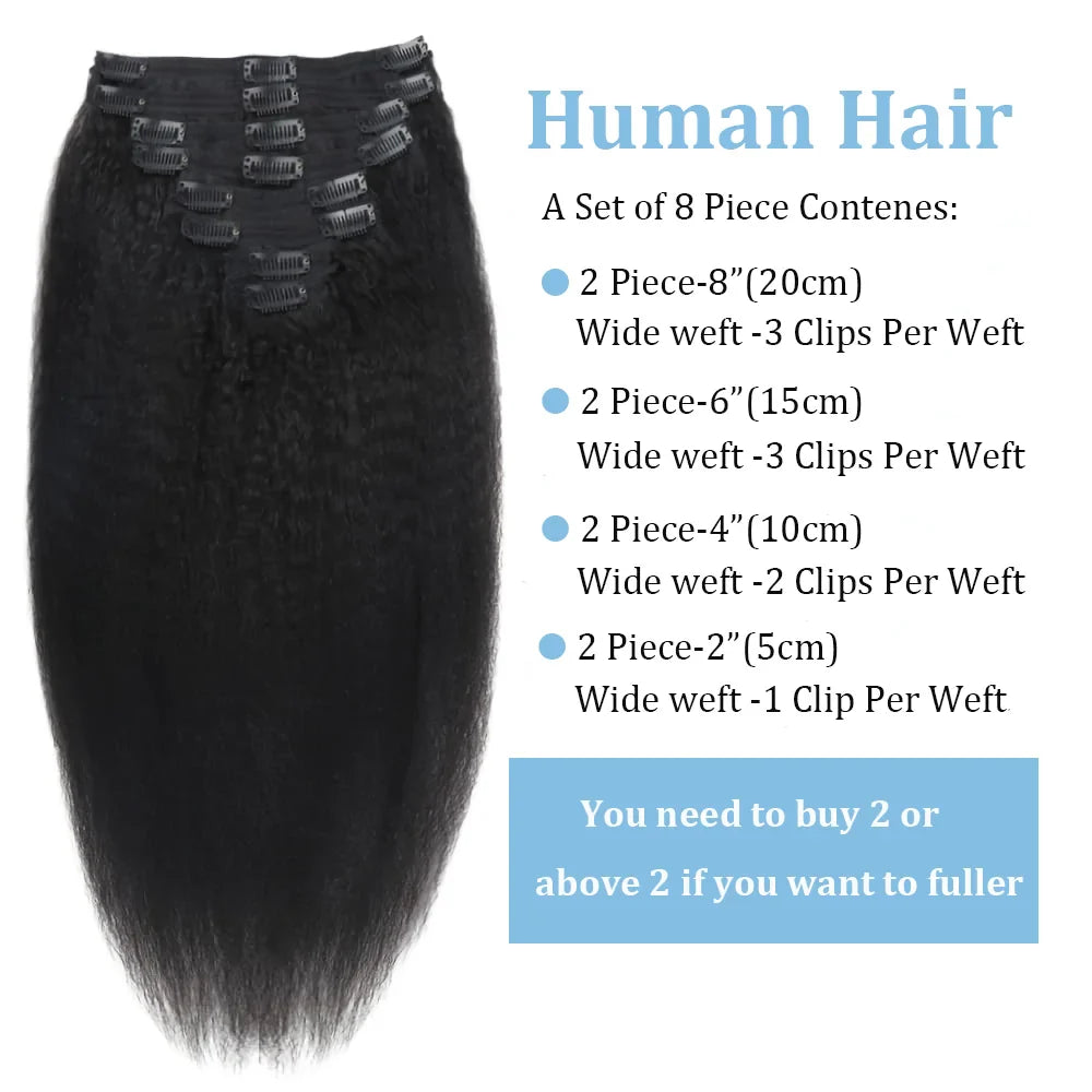 Kinky Straight Clip-In Hair Extensions – 100% Real Human Hair, Natural Black, 8 Pcs/120g, Full Head Brazilian Remy