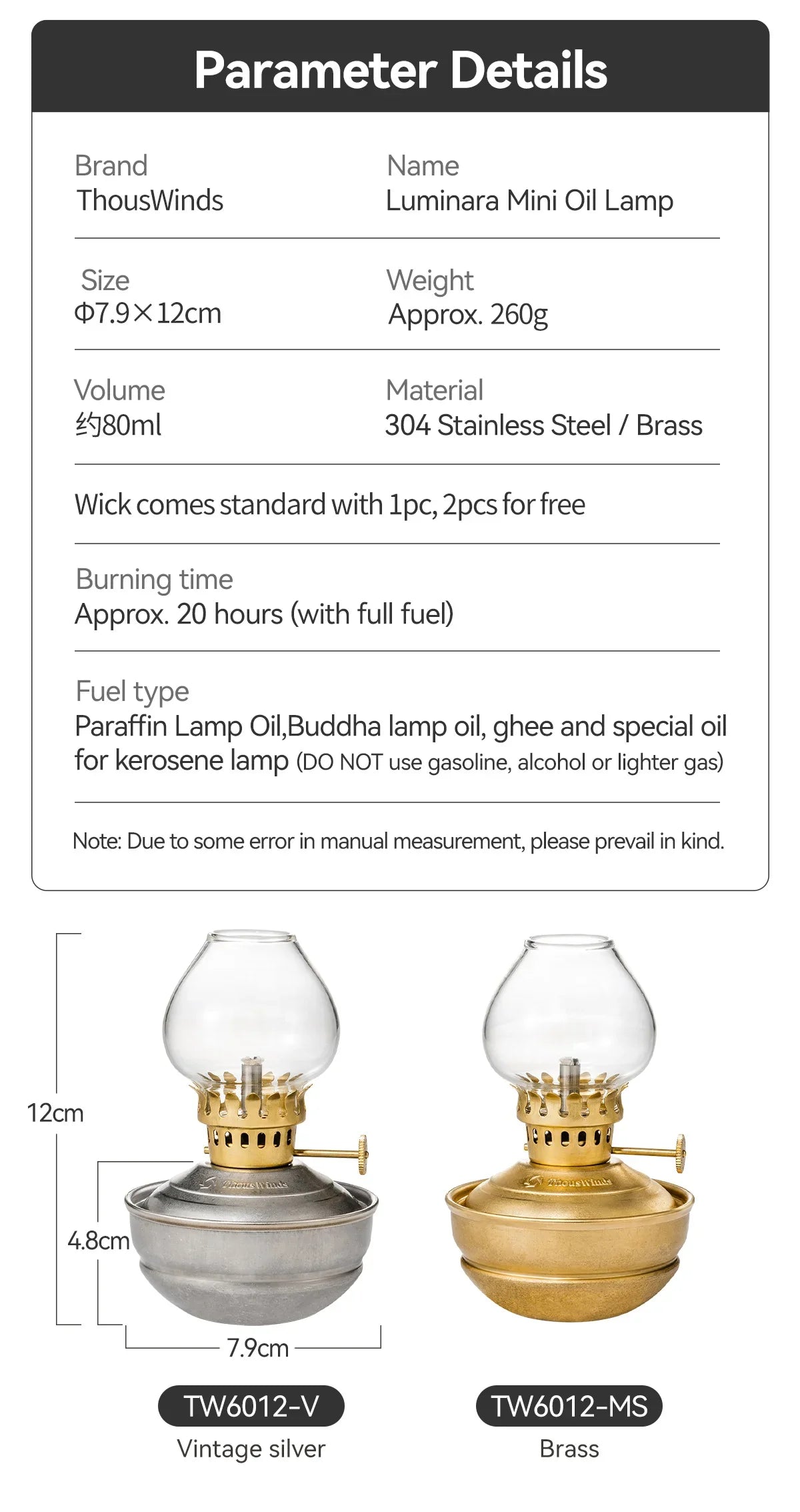 ThousWinds Luminara Mini Oil Lamp – Windproof Portable Retro Lantern with 20-Hour Burn Time for Camping and Hiking