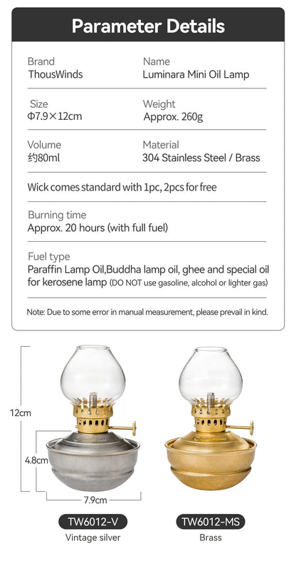 ThousWinds Luminara Mini Oil Lamp – Windproof Portable Retro Lantern with 20-Hour Burn Time for Camping and Hiking